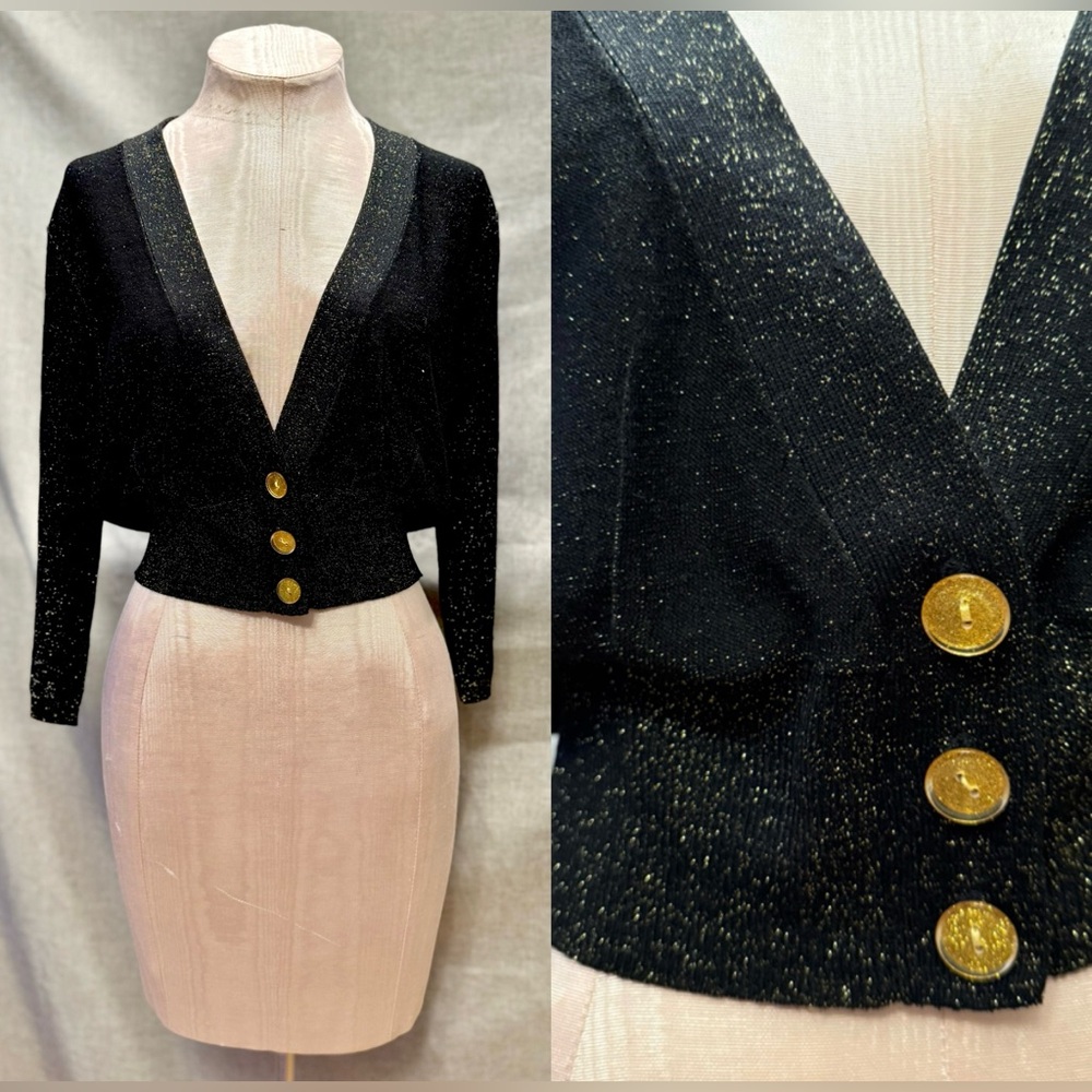 Silk Gold Metallic AUGUST SILK Black Cardigan with Gold Buttons - PL